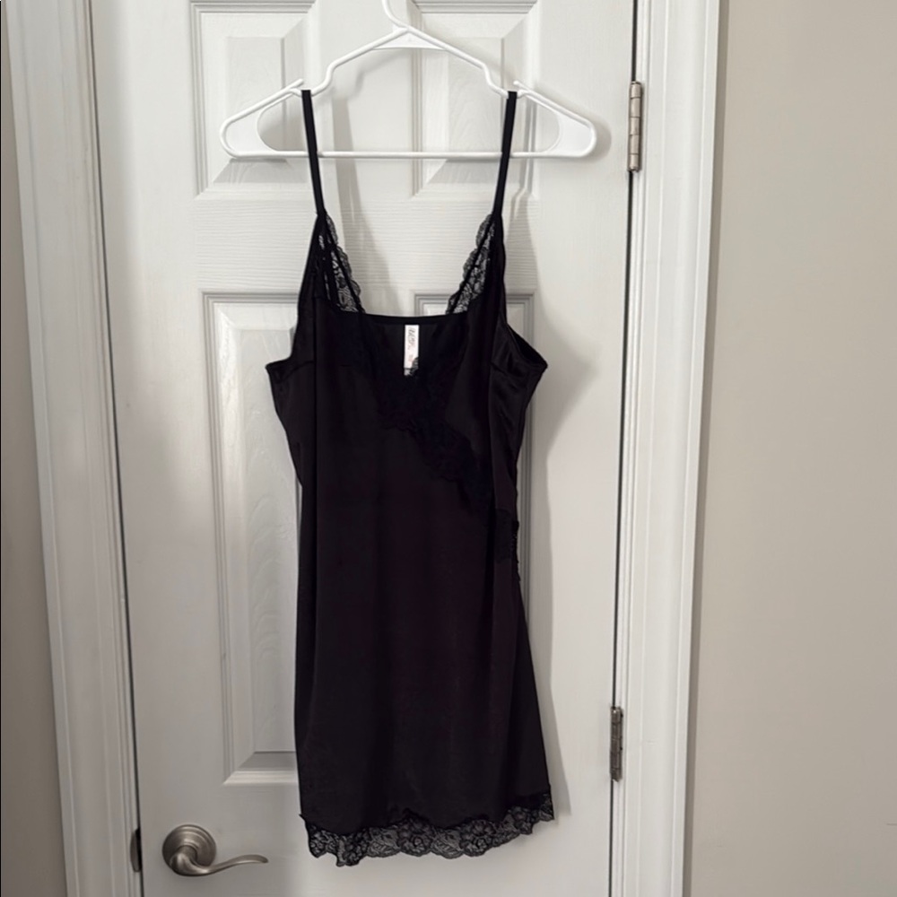 Black Lace Chemise with Adjustable Straps and V-Neckline